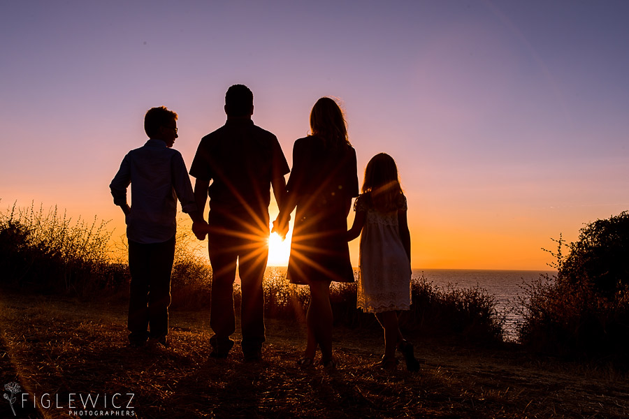 Family facing the coastal sunset for Palos Verdes Engagement