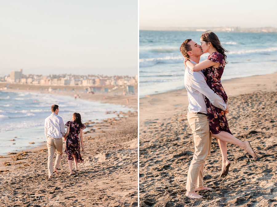 engaged couple strolling on palos verdes beach