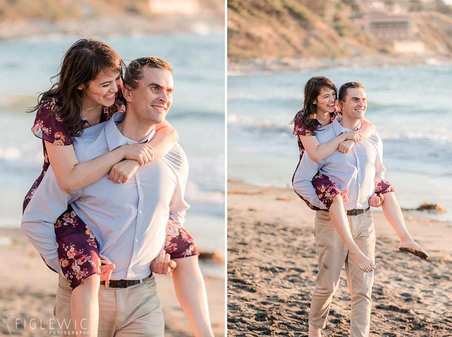 man giving fiancee piggy back ride on palos verdes beach